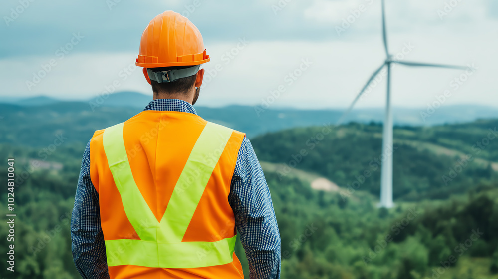 A worker in a safety vest and helmet observing a wind turbine in a green landscape, showcasing renewable energy and environmental awareness. A worker in a safety vest and helmet observing a wind turbine in a green landscape, showcasing renewable energy and environmental awareness.