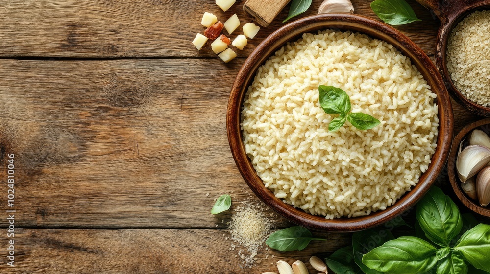 An appealing top view of risotto served in a bowl, surrounded by ingredients on a rustic wooden table, allowing for plenty of copy space for branding or text overlays. An appealing top view of risotto served in a bowl, surrounded by ingredients on a rustic wooden table, allowing for plenty of copy space for branding or text overlays.
