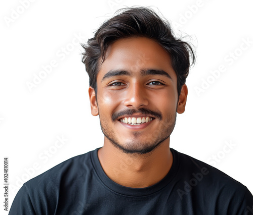 Young man smiling warmly with short wavy hair against a neutral background in...