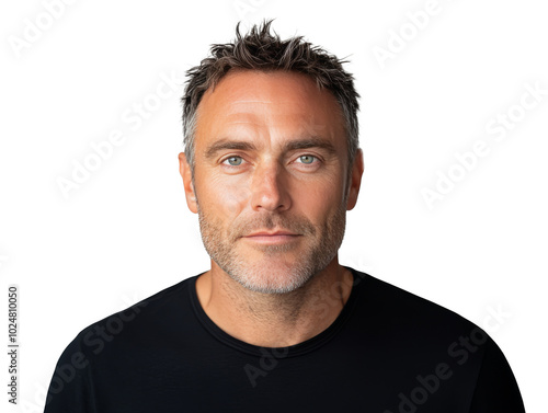 Portrait of a smiling man with short hair and blue eyes against a neutral bac...