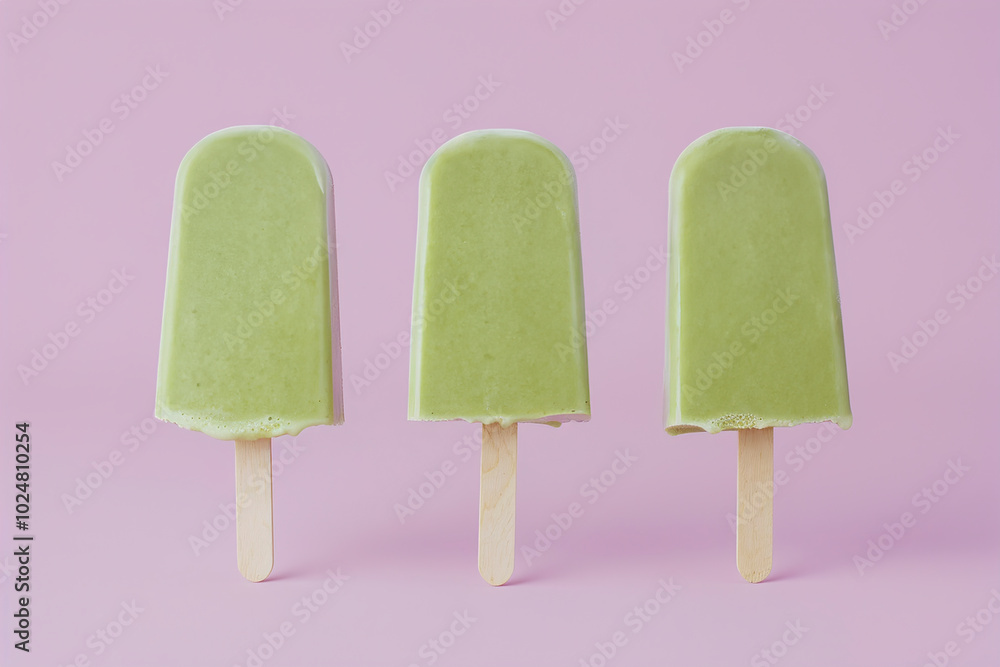 Three green tea ice cream bars on a pink background. (Generative AI) Three green tea ice cream bars on a pink background. (Generative AI)