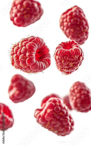 Fresh, vibrant raspberries cascading in mid-air against a clean white background