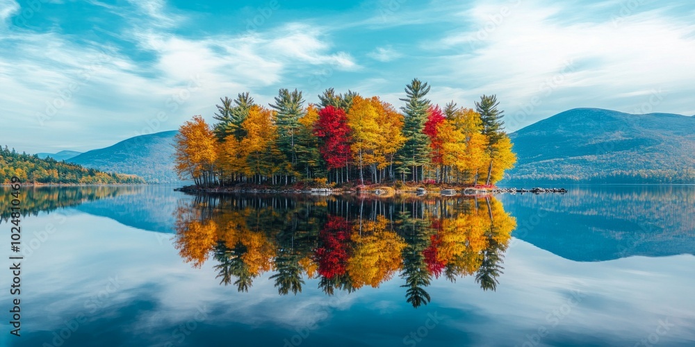 Fototapeta premium A tranquil autumn scene with colorful trees reflecting on a calm lake. This image captures the beauty of nature, showcasing vibrant foliage and serene waters. Perfect for posters or websites. AI