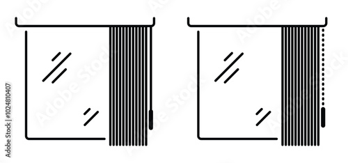 Open blinds for window shutters. Vertical, jalousie roller concept. window curtain shutter roll. House, blinds open for windows. Open and closed window. Sun, jalousie shade for home, office interior