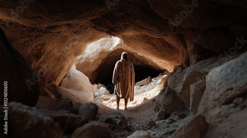 A person in a robe standing at the entrance of a rocky cave with light streaming in, surrounded by large stones and uneven terrain.