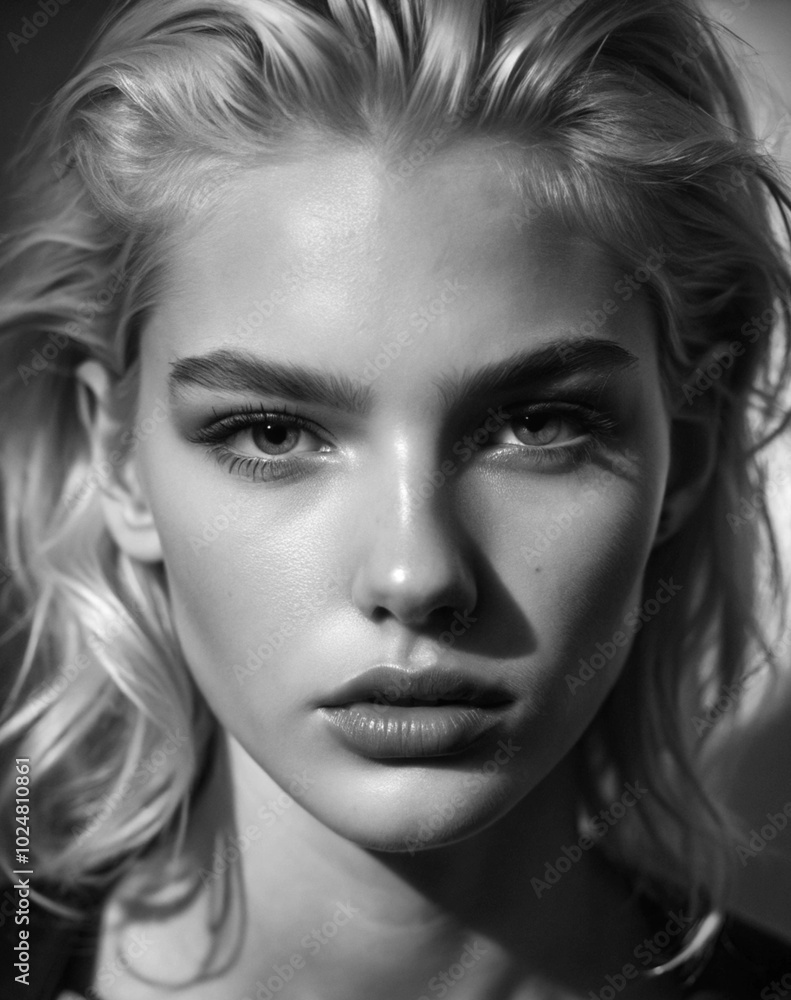 black and white photo of a young girl of about twenty, with blond hair and plump lips black and white photo of a young girl of about twenty, with blond hair and plump lips