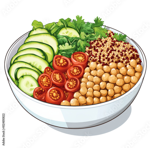 Fresh and colorful salad bowl with chickpeas, cucumbers, tomatoes, and greens
