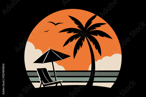 Vintage Beach Chair and Umbrella Emblem: Tropical Sunny Beach Silhouette with Retro Sun Badge in Circular Design, Iconic Illustration for Summer Getaways