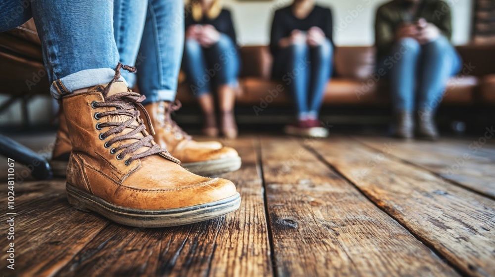 Colleagues gathered around a coffee table in a modern office space collaborating on a project Stock Photo with side copy space Colleagues gathered around a coffee table in a modern office space collaborating on a project Stock Photo with side copy space