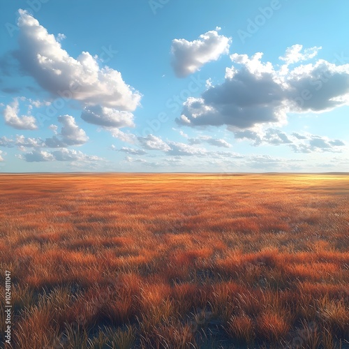 A vast expanse of golden grass stretches out under a clear blue sky, dotted with fluffy white clouds.