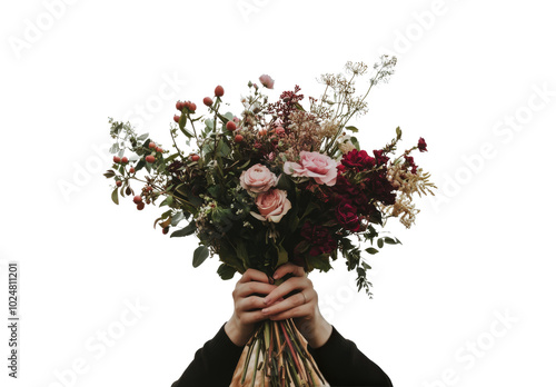 A vibrant bouquet of pink and coral flowers held against a neutral background