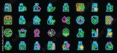 Glowing neon icons representing eco friendly products and packaging promoting sustainability