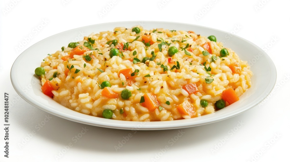 An elegant dish of risotto featuring vibrant colors and textures, arranged artfully on a plate with a clean white background, providing generous copy space for culinary descriptions. - An elegant dish of risotto featuring vibrant colors and textures, arranged artfully on a plate with a clean white background, providing generous copy space for culinary descriptions. -