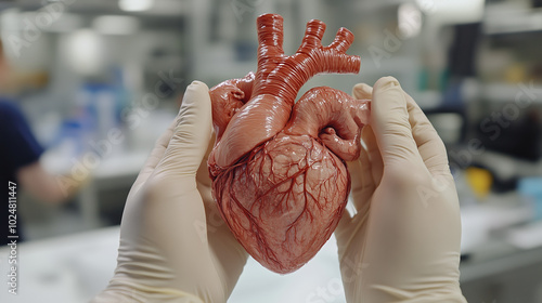 Futuristic Visualization of Heart Anatomy in Zero Gravity Held by Researcher’s Hands in a Sterile Lab Environment Highlighting Advanced Medical Studies photo