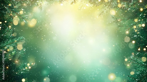 A festive green background adorned with glowing lights and soft bokeh effects, perfect for holiday celebrations