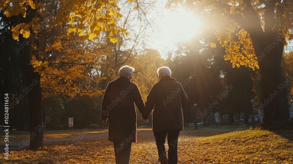 Two seniors holding hands while taking a stroll through a park surrounded by vibrant autumn foliage during sunset Two seniors holding hands while taking a stroll through a park surrounded by vibrant autumn foliage during sunset