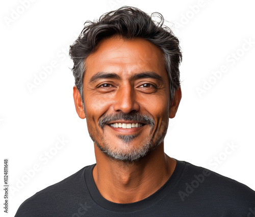 Smiling man with dark hair and beard in casual black shirt against a light ba...