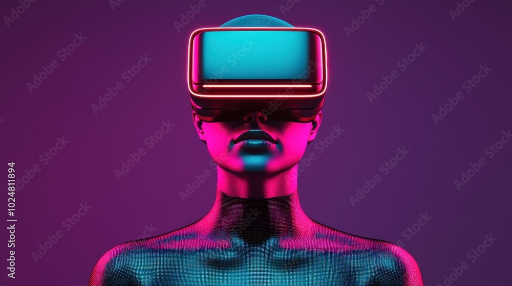 Futuristic figure with VR headset, neon colors Futuristic figure with VR headset, neon colors