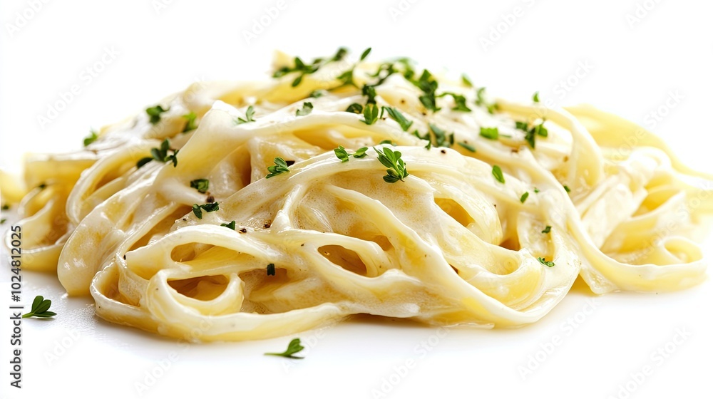 An enticing image of fettuccine pasta coated in rich Alfredo sauce, garnished with fresh herbs, isolated on a white background, inviting viewers to savor the creamy goodness of this Italian classic. An enticing image of fettuccine pasta coated in rich Alfredo sauce, garnished with fresh herbs, isolated on a white background, inviting viewers to savor the creamy goodness of this Italian classic.