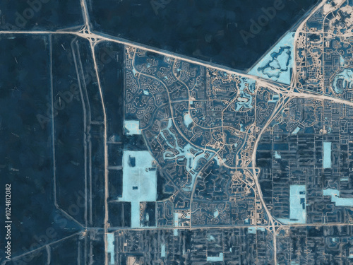 Painterly Style City Map of Weston  Florida, USA in a Blue Color Scheme.