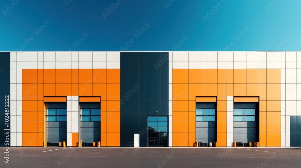 Fototapeta premium Modern industrial building facade with geometric patterns and bright colors, featuring large shutter doors and clear blue sky.