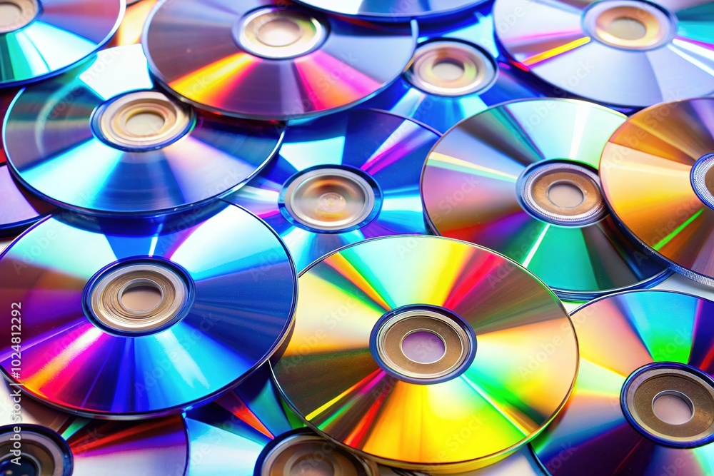 Nostalgic CD, DVD, and Blu-ray Collection for Music, Movies, and Data on White Background Nostalgic CD, DVD, and Blu-ray Collection for Music, Movies, and Data on White Background