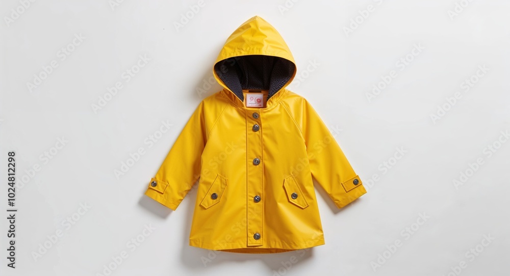Medium yellow raincoat for kid girls with snap buttons on plain white background Medium yellow raincoat for kid girls with snap buttons on plain white background