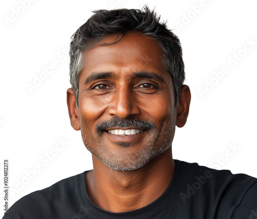 Joyful older man smiling against a plain background in a casual black shirt d...