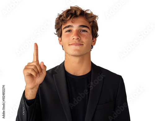 Young man in a formal suit pointing upwards against a plain background in a s...