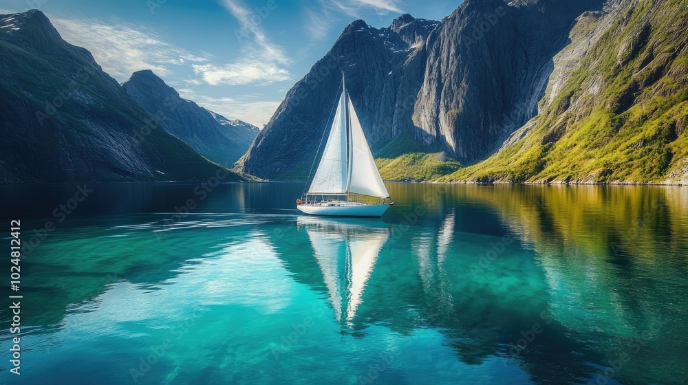 Φωτογραφία An idyllic scene of a sailboat gliding through the clear waters of a blue lake, with majestic mountains reflecting in the water, offering a serene escape into nature's beauty