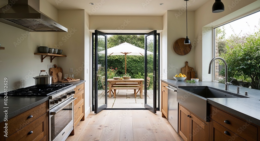 Open kitchen with a view of the garden a large window and plenty of counter space Open kitchen with a view of the garden a large window and plenty of counter space