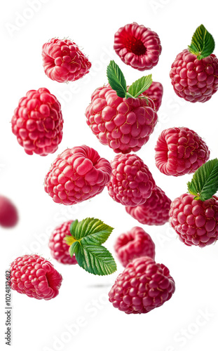 Fresh, vibrant raspberries cascading in mid-air against a clean white background