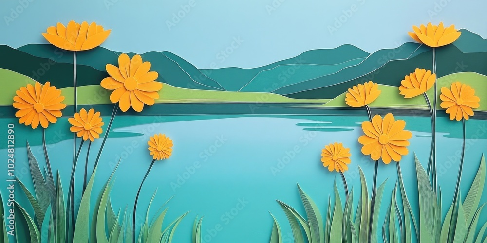 Fototapeta premium Vibrant yellow blooms against a serene lake backdrop, Bright yellow flowers beside a calm lake