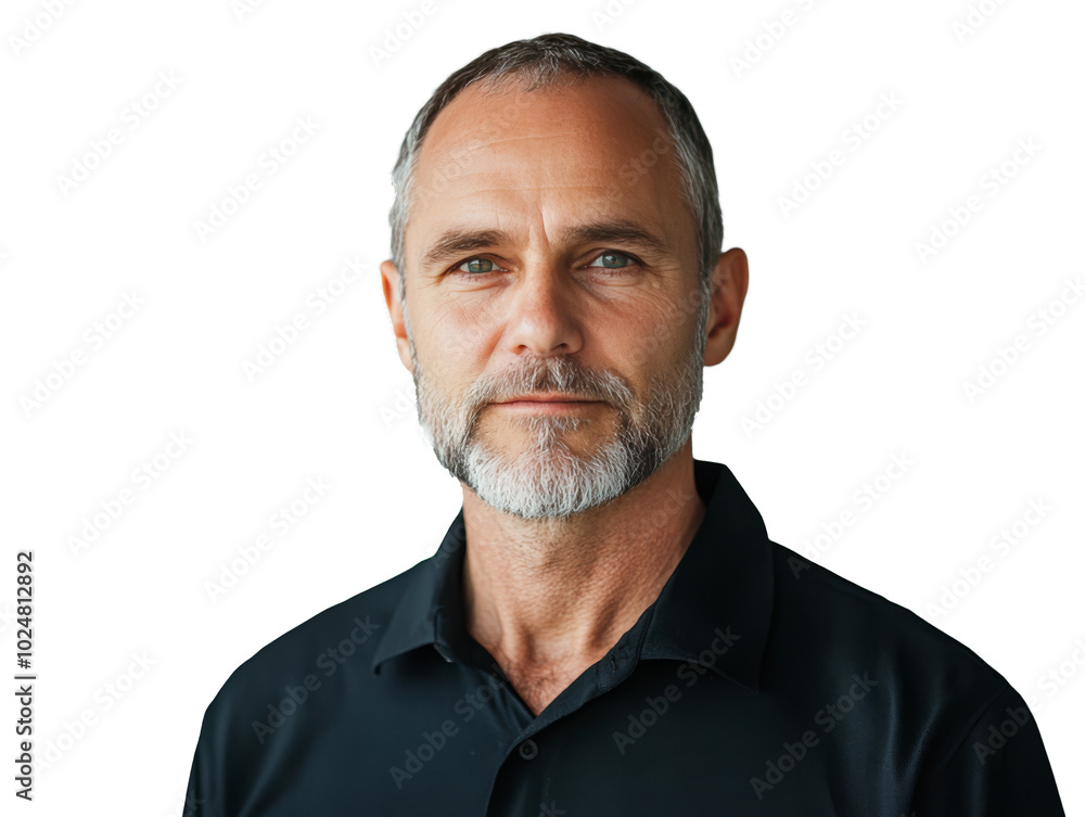 Obraz premium A man with a beard in a dark shirt poses confidently against a neutral background