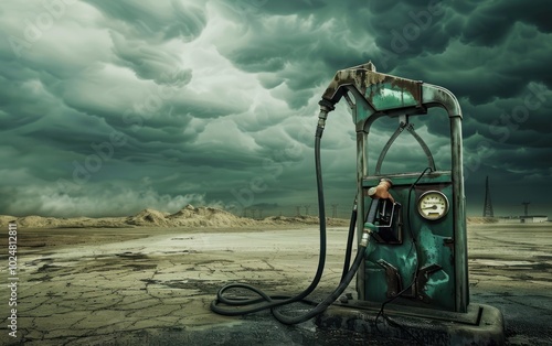 Old, abandoned gas pump standing in a desolate desert landscape with ominous storm clouds. Concept of decay, environmental issues, and abandonment.