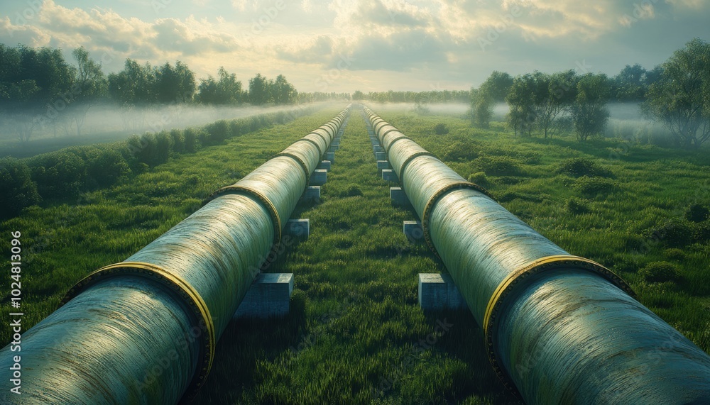 An intricate network of natural gas pipes, forking off toward different directions, captured from an aerial perspective, with a backdrop of misty fog rolling over the landscape An intricate network of natural gas pipes, forking off toward different directions, captured from an aerial perspective, with a backdrop of misty fog rolling over the landscape