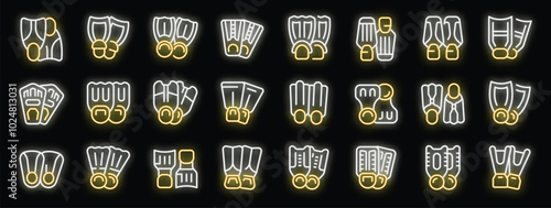 Bright neon icons of various shapes and constructions of diving flippers glowing on black background