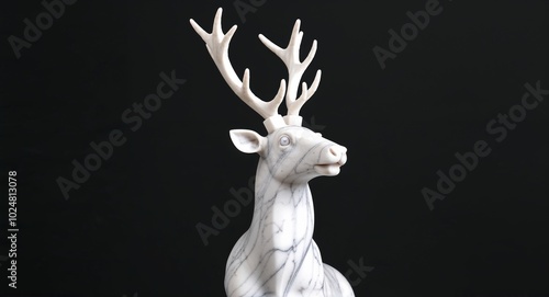 Reindeer marble statue closeup on plain black background