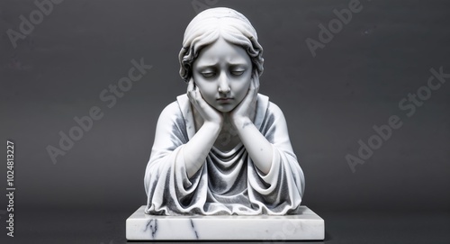 sad girl marble statue closeup on plain black background