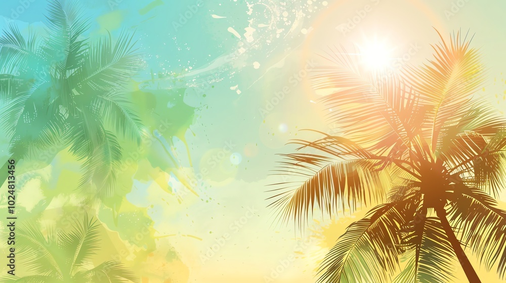 A watercolor illustration of palm trees with a bright sun. A watercolor illustration of palm trees with a bright sun.