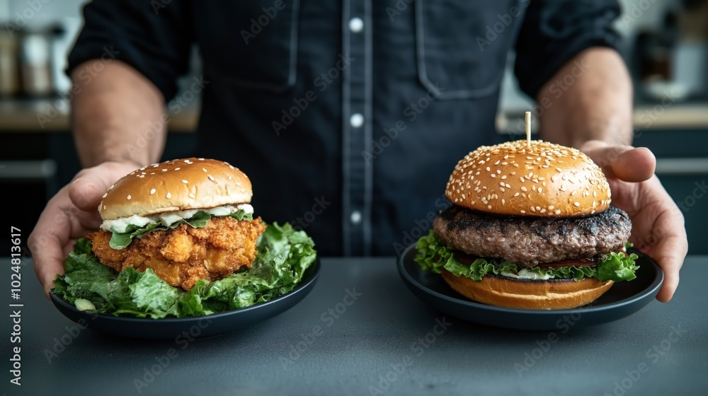 Person holding two plates with burgers, one fried chicken sandwich with lettuce and sauce, and one beef burger with lettuce in a kitchen setting Person holding two plates with burgers, one fried chicken sandwich with lettuce and sauce, and one beef burger with lettuce in a kitchen setting
