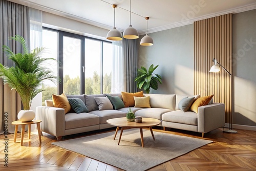 Bright Minimalist Living Room with Stylish Corner Sofa and Unique Background Design