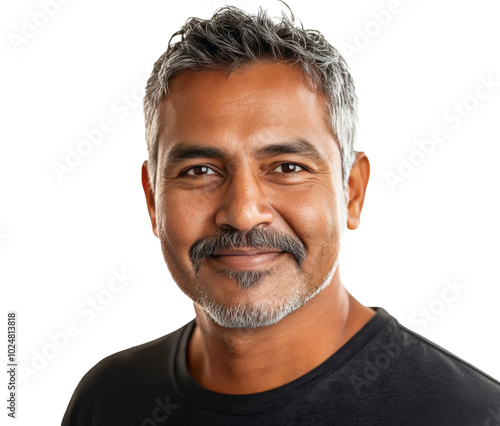 Smiling man with dark hair and beard in casual black shirt against a light ba...