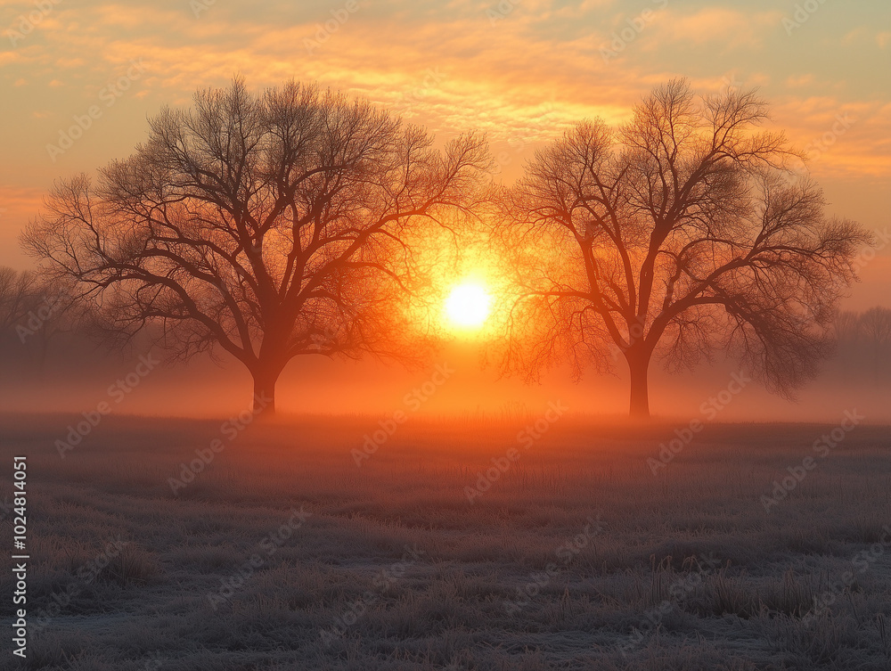 Trees in silhouette on a field in the dawn, morning mist - Generative AI Trees in silhouette on a field in the dawn, morning mist - Generative AI
