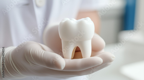 Professional 3D Tooth and Gum Model Held by Doctor's Gloved Hands with Soft White Background for Use in Dental Care Advertisements