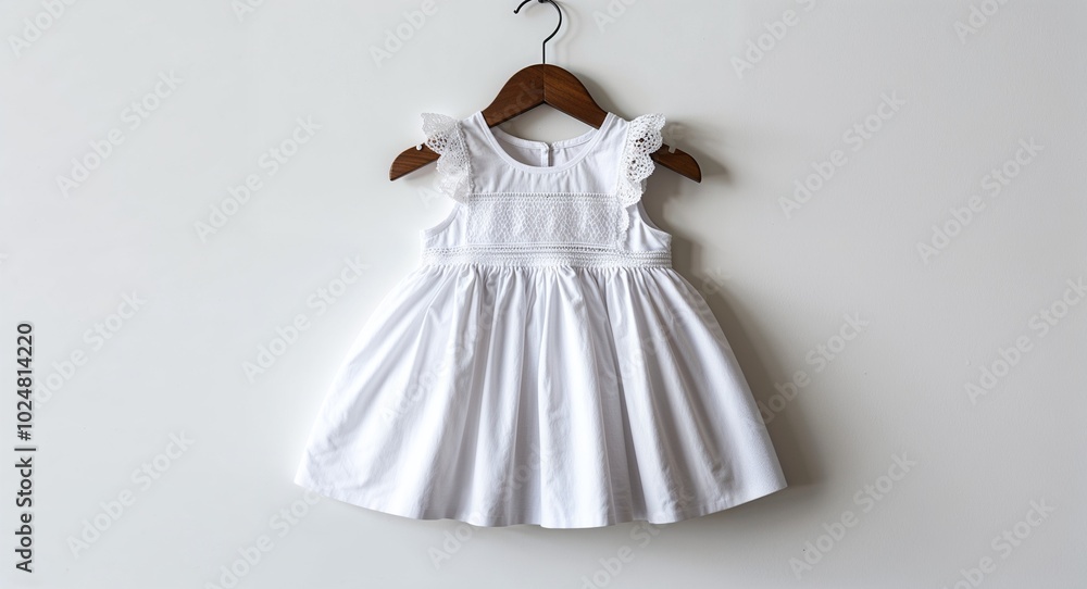 Small white cotton dress for kid girls with lace details on plain white background Small white cotton dress for kid girls with lace details on plain white background