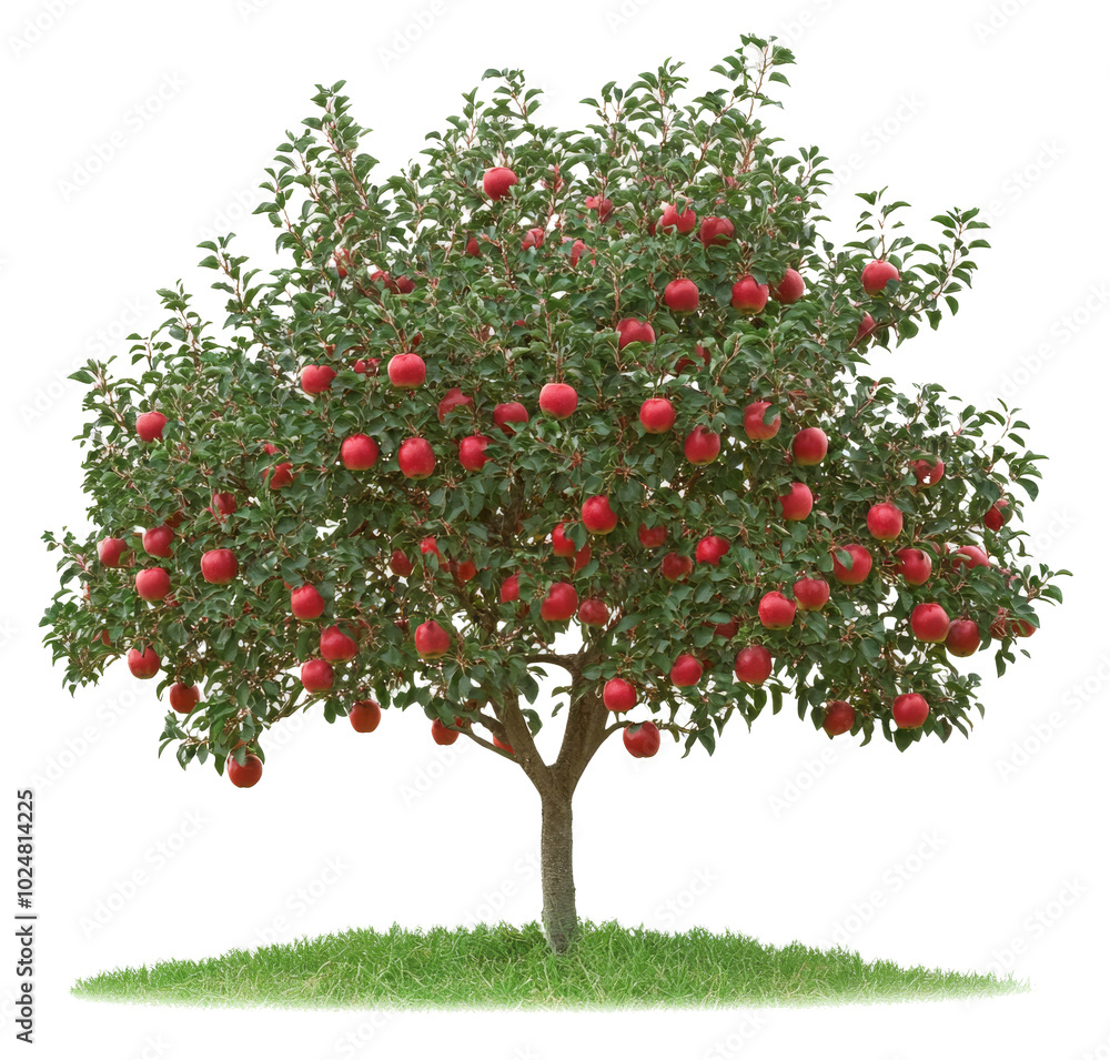 Vibrant apple tree laden with bright red fruit in a sunny field during late summer Vibrant apple tree laden with bright red fruit in a sunny field during late summer