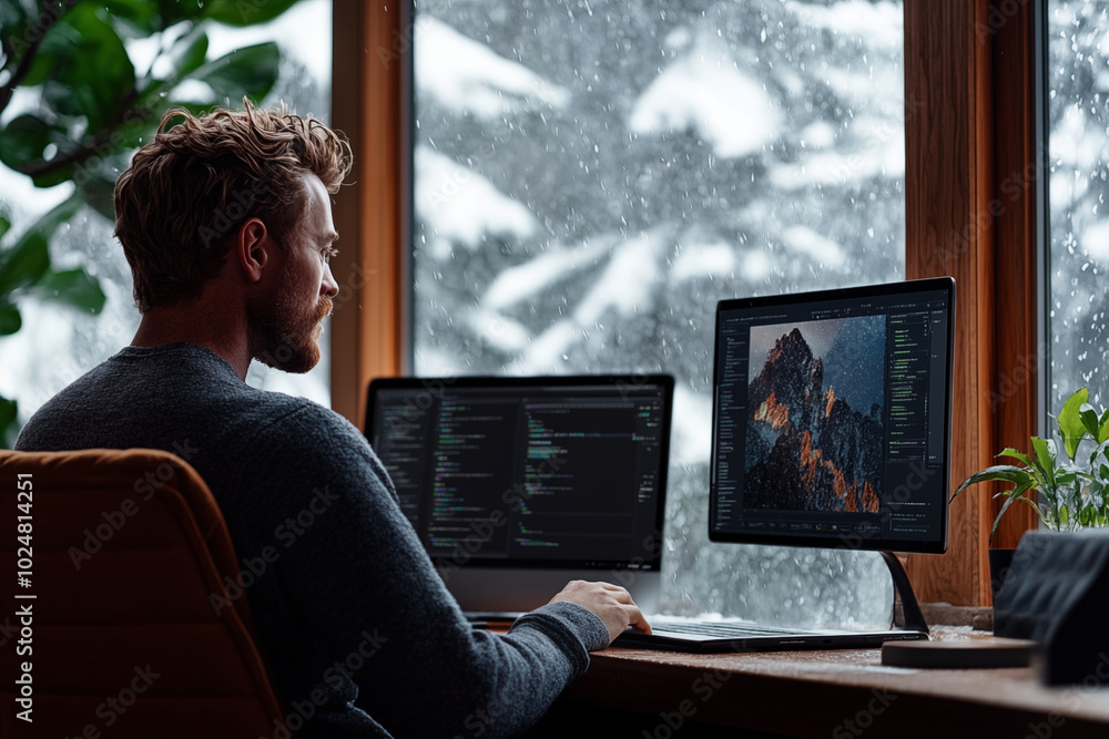 Man working on computer at home office, winter scene with snowfall, indoor plants, warm atmosphere Man working on computer at home office, winter scene with snowfall, indoor plants, warm atmosphere