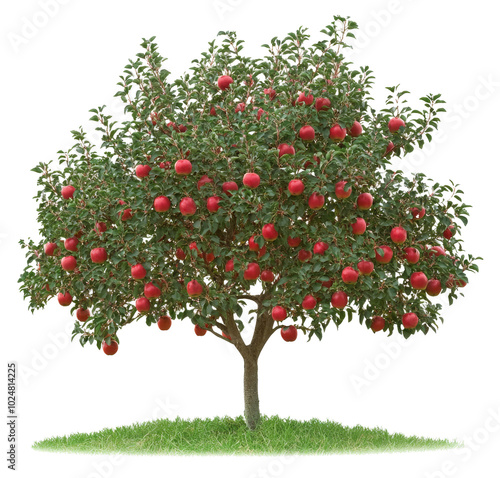 Vibrant apple tree laden with bright red fruit in a sunny field during late s...