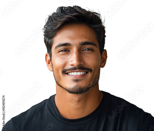 Young man smiling warmly with short wavy hair against a neutral background in...